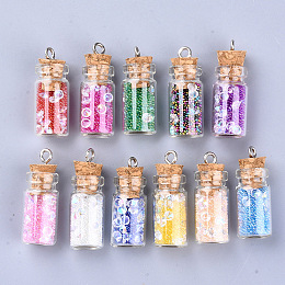 Honeyhandy Glass Wishing Bottle Pendant Decorations, with Resin Rhinestone and Glass Micro Beads inside, Cork Stopper and Platinum Iron Screw Eye Pin Peg Bails, Mixed Color, 28~29x11mm, Hole: 2mm