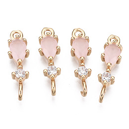 Honeyhandy Brass Micro Pave Cubic Zirconia Links Connectors, with Glass, Long-Lasting Plated, Light Gold, Teardrop, Pink, 17x5x3.5mm, Hole: 1.5mm