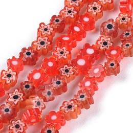 Honeyhandy Handmade Millefiori Glass Bead Strands, Flower, Red, 3.7~5.6x2.6mm, Hole: 1mm, about 88~110pcs/Strand, 15.75''(40cm)