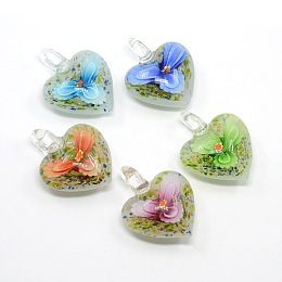 Honeyhandy Heart Handmade Lampwork Pendants, with Gold Sand and Inner Flower, Mixed Color, 40x32x16mm, Hole: 7mm