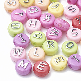 Arricraft Opaque Acrylic Beads, Metal Enlaced, Flat Round, Mixed Letters, Mixed Color, 9.5~10x6mm, Hole: 2mm