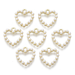 Honeyhandy Alloy Charms, with ABS Plastic Imitation Pearl, Heart, White, Light Gold, 13x12.5x2.5mm, Hole: 1.4mm