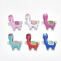 Arricraft Printed Alloy Links/Connectors, with Enamel, Llama/Alpaca, Platinum, Mixed Color, 26x22.5x2mm, Hole: 1.8mm