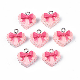 Honeyhandy Resin Pendants, with Iron Findings, Heart Cake with Bowknot, Pink, 14x15x9mm, Hole: 2mm