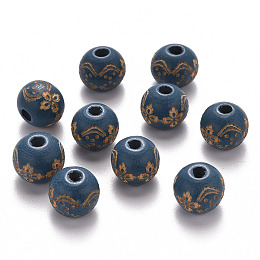 Honeyhandy Painted Natural Wood Beads, Laser Engraved Pattern, Round with Flower Pattern, Steel Blue, 10x9mm, Hole: 3mm