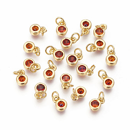 Honeyhandy Brass with Single Cubic Zirconia Charms, Single Stone Charms, Flat Round, Golden, Orange, 6.5x4.5x2mm, Hole: 2.5~3mm