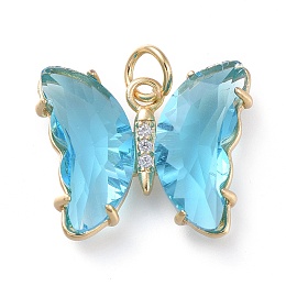 Honeyhandy Brass Micro Pave Clear Cubic Zirconia Pendant, with Glass, Butterfly, Golden, Light Cyan, 18mm