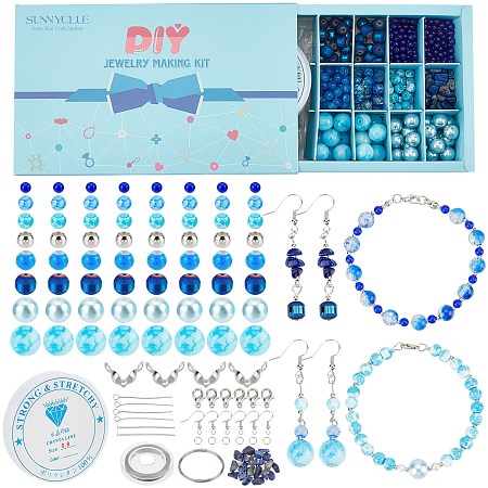 SUNNYCLUE 1 Box 865Pcs Blue Round Glass Beads Jewellery Beading Kit Including Assorted Gemstone Chip Beads Jewelry Findings Elastic Thread Alloy Lobster Claw Clasps for DIY Earring Bracelet Making