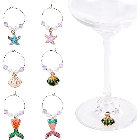 NBEADS 6 Pcs Marine Style Wine Glass Charms with Hanging Rings, Alloy Enamel Wine Rings for Wine Lovers, Wine Cocktail Champagne Tasting Party or Decoration Gifts