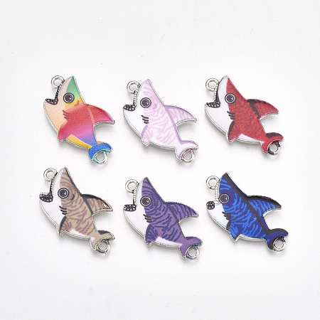 Honeyhandy Printed Alloy Links connectors, with Enamel, Shark, Platinum, Mixed Color, 16x28.5x1.5mm, Hole: 1.8mm