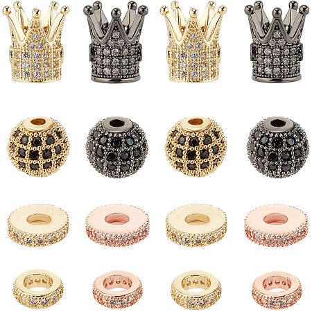Brass Micro Pave Clear Cubic Zirconia Beads, Round & Crown & Gear, Mixed Color, 16pcs/box