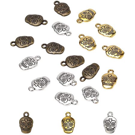 Arricraft 120pcs 3 Colors Sugar Skull Charms, Halloween Skull Pendants Mexico Holiday Day of The Dead Pendants Charms Tibetan Skull Head Charms for Necklace Bracelet Jewelry Making