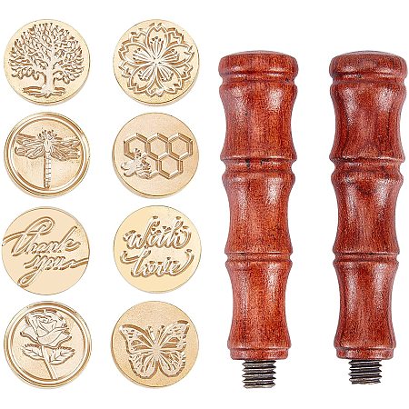CRASPIRE Wax Seal Stamp Set 8pcs Insect Plant Series Sealing Wax Stamps Heads + 2 Wooden Handle Retro Brass Wax Stamp Kit for Cards Envelopes Invitations(Dragonfly Butterfly Bee Cherry Blossom Rose)