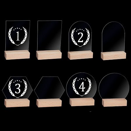 PandaHall Elite 8 Sets Clear Acrylic Signs with Base, 4 Style Acrylic Blank Table Numbers with Wood Stands DIY Acrylic Plaque for Wedding Table Numbers Menu Signs Bar List Sign