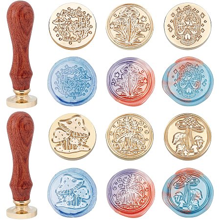 ARRICRAFT Wax Seal Stamp Kit 6 Pieces Mushroom Plant Series Sealing Wax Stamp Heads with 2 Wooden Handle Vintage Seal Wax Stamp Kit for Cards Envelopes Invitations
