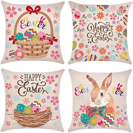 GLOBLELAND Set of 4 Happy Easter Pillow Covers 18 x 18 Inch Holiday Easter Bunny Egg Throw Pillow Covers Cushion Cover for Home Decor Sofa Bedroom