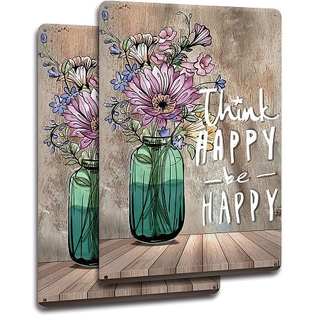 GLOBLELAND 2PCS Vase Vintage Metal Tin Sign Restroom Sign Think Happy Be Happy Decor Home and Business Plaques Wall Sign 7.8×11.8inch
