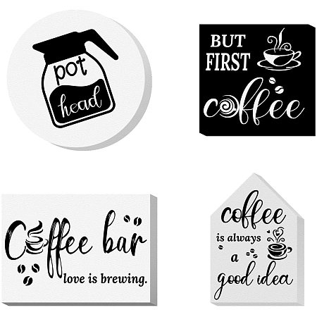 Arricraft 4pcs/Set Wood Sign Coffee Theme Tiered Tray Decor Set Self Standing 3D Wood Sign for Craft Projects Signs DIY Projects Square Round Rectangle Polygon 3.9x3.9in