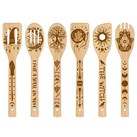 GLOBLELAND 6Pcs Bamboo Spoons & Knifes & Forks, Flatware for Dessert, Tarot Theme Pattern, 60x300mm, 6 style, 1pc/style, 6pcs/set