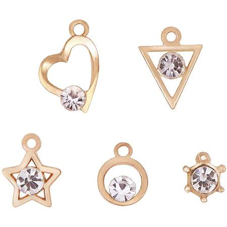 PH PandaHall 50pcs 5 Styles Alloy Rhinestone Charms Crystal Pendants for Bracelet Necklace Earring Jewelry Making (Triangle, Star, Crown, Heart, Flat Round)