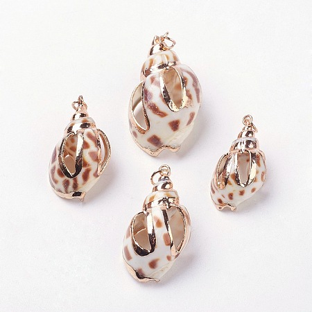 Electroplate Spiral Shell Pendants, with Iron Findings, Conch, Golden, 29.5~38x15.5~23x12~19mm, Hole: 2mm