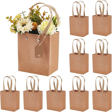 NBEADS 10 Pcs Kraft Paper Bags with Handle, 5.9x5.1x3.1 Florist Bouquet Packaging Bags Rectangle Tote Bags with 10Pcs Paper Price Tags and Jute Cord for Flower Shop Christmas Wedding Party