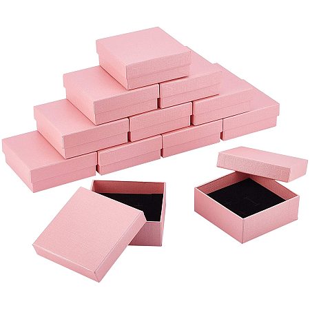 BENECREAT 12 Packs 3.5x3.5x1.4 Inch Pink Kraft Jewelry Box Rectangle Cardboard Jewelry Gift Boxes for Anniversaries, Weddings, Birthdays and Valentine's Day