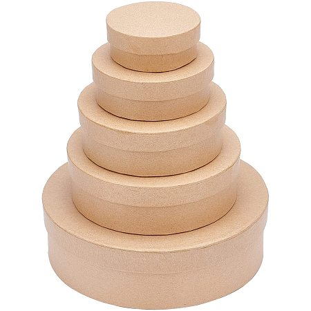 BENECREAT 5 Assorted Papier Mache Flat Round Boxes Nesting and Stacking Craft Paper Candy Chocolate Biscuits Round Shape Gift Box for Thanksgiving, Valentine's Day, Wedding