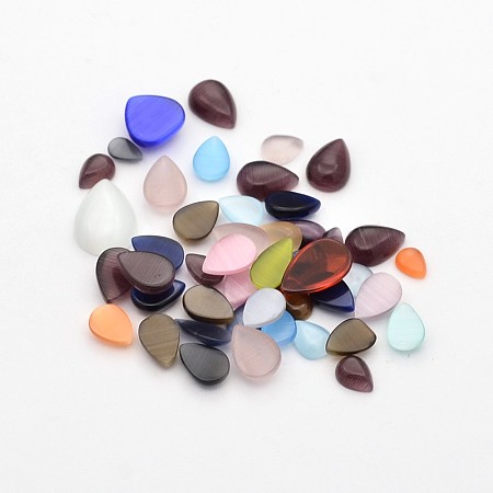 Mixed Teardrop Cat Eye Cabochons, Mixed Color, 6~14x4~10x1.5~5.5mm, about 200g/bag