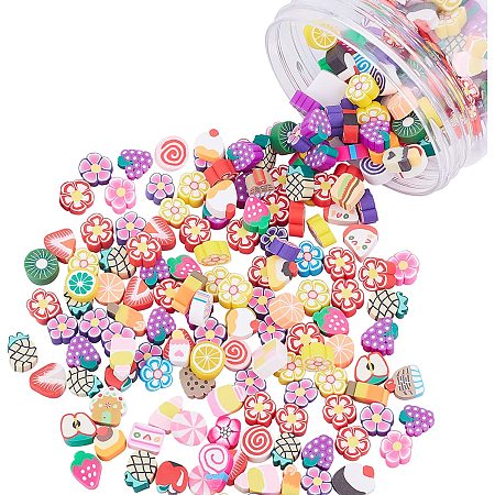 CHGCRAFT About 300pcs Colorful Mixed Fruit Flower Love Heart Shape Clay Beads with Hole Loose Slime Charms Spacers Beads Beaded for DIY Crafts