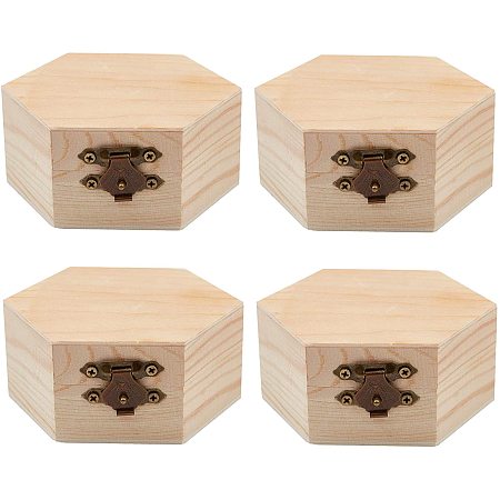 GORGECRAFT 4PCS Unfinished Wood Box Hexagon Wooden Storage Box with Hinged Lid and Front Clasp for DIY Easter Arts Hobbies Jewelry Box, 3.6 x 3.4 Inch