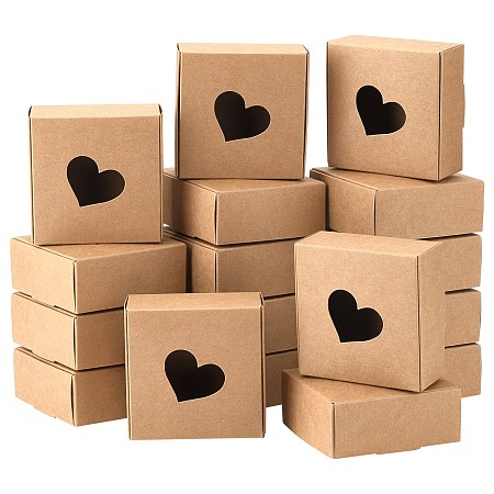 BENECREAT 20 Packs 8.7x8.7x3.6cm Kraft Paper Boxes with Heart Hole, Paper Gift Box for Wedding Birthday Crafting Graduation Holiday