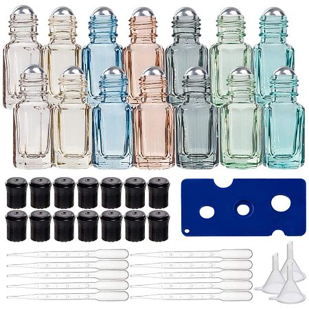 BENECREAT 14 Packs 3ml Multi-Color Travel Essential Oil Roller Bottle Mini Glass Cosmetic Vials with Opener, Dropper and Funnel for Essential Oils Perfumes Aromatherapy