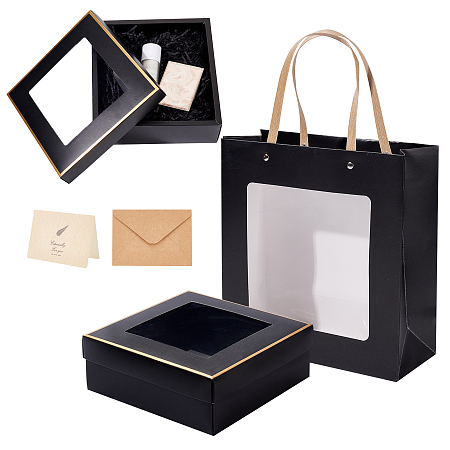 BENECREAT 2 Set Black Paper Present Box with Lid 23x23x8cm, Including Paper Hand Bags, Kraft Envelopes and Greeting Cards for Presents Wedding Birthdays Gift Packging