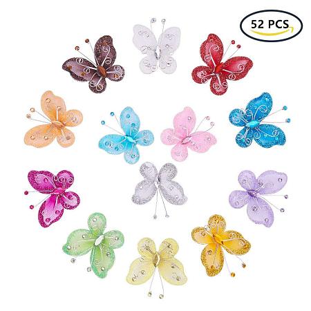 BENECREAT Polyester Butterfly Decoration, with Iron and Acrylic Rhinestone, Mixed Color, 50~56x54~56x5~7mm; 4pcs/color, 52pcs/set