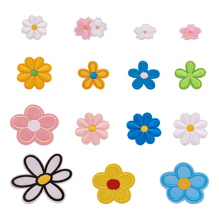 Honeyhandy Biyun 30Pcs 15 Style Computerized Embroidery Cloth Iron on/Sew on Patches, Costume Accessories, Flower & Sunflower, Mixed Color, 20~73x28~72x1~2mm, 2pcs/style