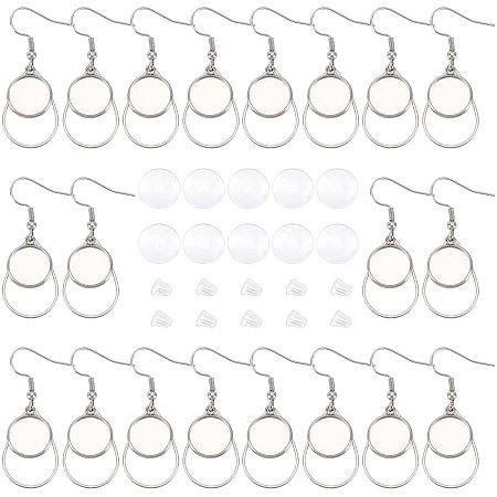 ARRICRAFT 24pcs Stainless Steel Earring Blank Wire Hooks Blank Bezel Earrings with Teardrop Frame 12mm Flat Round Dangle Earring Trays with Glass Cabochons for Jewelry Making