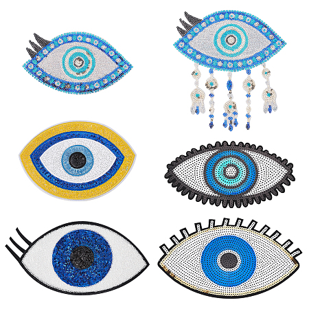AHANDMAKER 6 Pcs Large Eye Beaded Patches for Clothes, Blue Evil Eye Sequined Patch Iron Sew on Rhinestone Beaded Applique for Clothes Jackets Jeans Bags Embroidery Garment Accessory