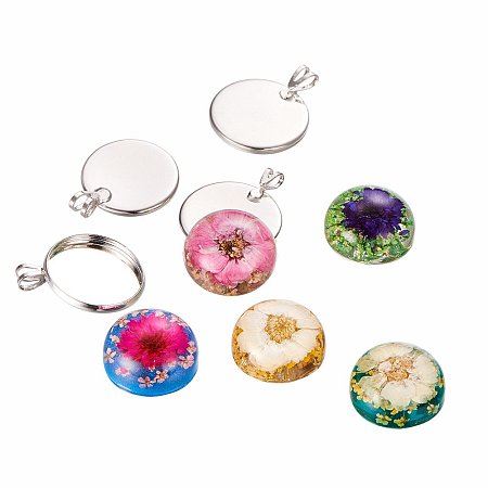 ARRICRAFT 10 Sets DIY Jewelry Pendant Making Sets, with 20mm Resin Dome Dried Flower Cabochons and Brass Pendant Frame Tray Settings 28x22x8mm