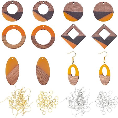 OLYCRAFT 112Pcs Resin Walnut Wood Pendants Geometrical Resin Wood Jewelry Findings with Earring Hooks and Jump Rings Resin Wood Charms Bulk for Earring Jewellery Making - Mixed Shapes
