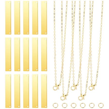 PandaHall Elite 20pcs Golden Stamping Blank Bar Pendant Name Tags Rectangle Charm with 20pcs Cable NecklaceChain, 30pcs Jump Rings for DIY Bracelet Necklace Earring Supplies
