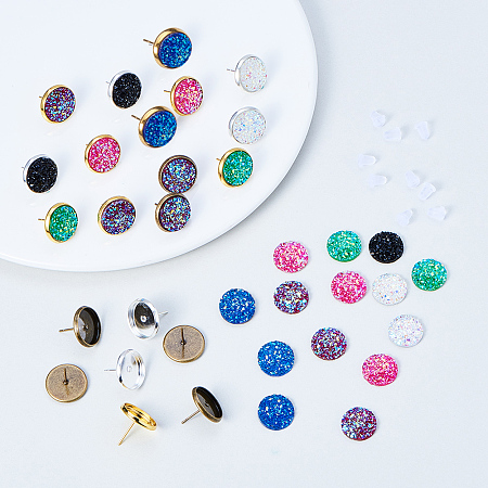 SUNNYCLUE 1 Box 141pcs DIY Jewelry Druzy Earrings Making Starter Kit Include 6 Color 60pcs Round Druzy Agate Resin Cabochons 12mm, and 3 Color 30pcs Brass Stud Earrings Settings