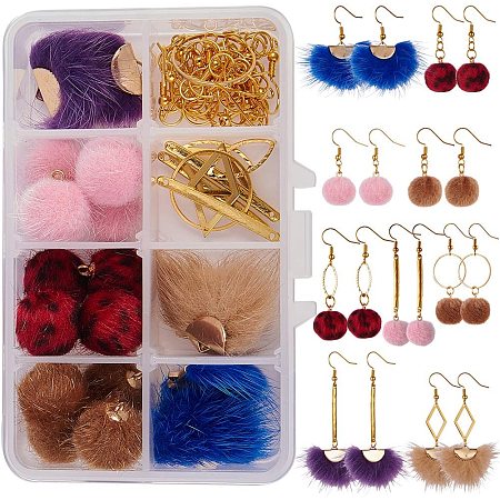 SUNNYCLUE 1 Box DIY 9 Pairs Faux Fur Pom Pom Ball Dangle Earrings Jewelry Making Kit Jewelry Arts Craft Supplies Instruction for Women Girls Adults