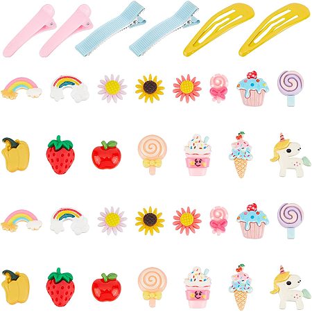 SUNNYCLUE DIY Hair Accessories Making Kit 9 Styles Lollipop Sunflower Unicorn Resin Cabochons with 3 Styles Hair Clips for Women Cute Candy Color Cartoon Design Hair Pins