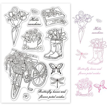 GLOBLELAND Spring Flowers Silicone Clear Stamps Bicycle Daisy Rose Butterfly Dragonfly Transparent Stamps for Birthday Valentine's Day Cards Making DIY Scrapbooking Photo Album Decoration Paper Craft