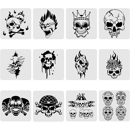 BENECREAT 12PCS Skull Pattern Plastic Drawing Templates 30x30cm/12x12 Inch Halloween Theme Painting Template Stencil for Scrabooking Card Making, DIY Wall Floor Decoration