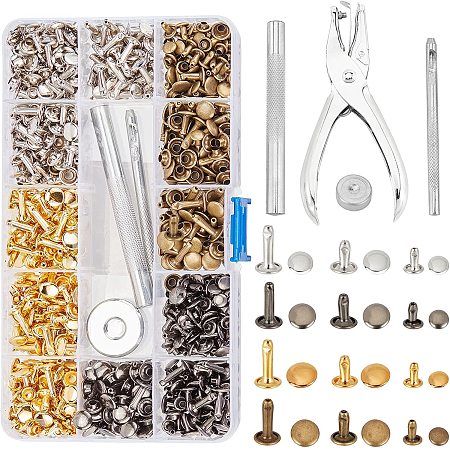 NBEADS Iron Rivets Set, Leather Rivets Double Cap Rivets Tubular Metal Studs with Hammer Chassis Puncher Pilers for Rivets Replacement DIY Craft Repairing Decoration