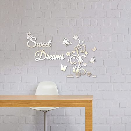 GLOBLELAND Sweet Dreams Wall Stickers Flowers and Butterflies Pattern Mirror Decor Stickers DIY Wall Decals for Living Room Bedroom Bathroom Office Kitchen