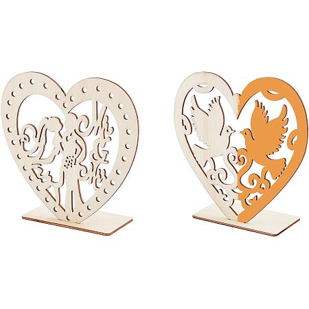 CREATCABIN 2pcs Wooden Table Decorations Unfinished Wood Hanging Ornaments Heart Shape Birds Wooden Sign Couple Display Stand for Home Decor Wedding Table 5.9inch