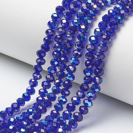 Honeyhandy Electroplate Glass Beads Strands, Half Plated, Blue Plated, Faceted, Rondelle, Royal Blue, 4x3mm, Hole: 0.4mm, about 123~127pcs/strand, 16.5~16.9 inch(42~43cm)